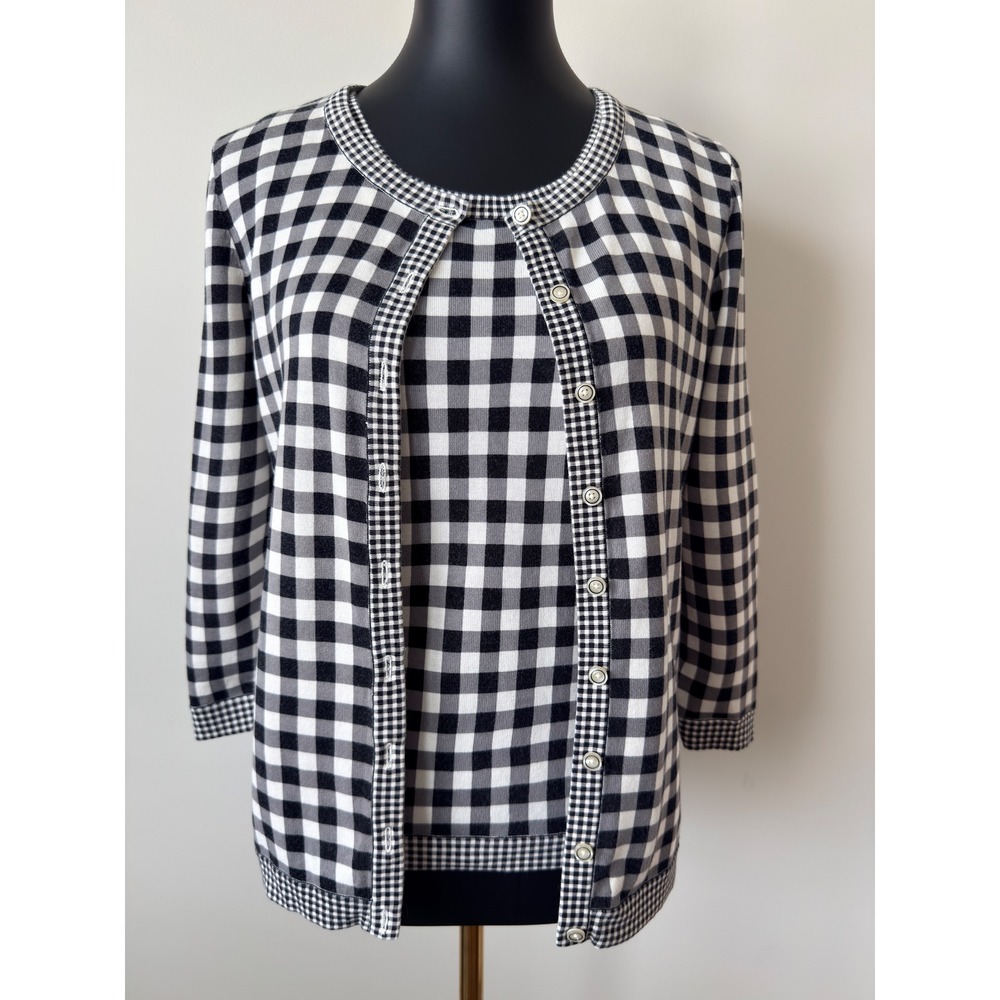 Talbots Womens XS Black White Buffalo Plaid Cardigan Shell Twin Set 2 Piece